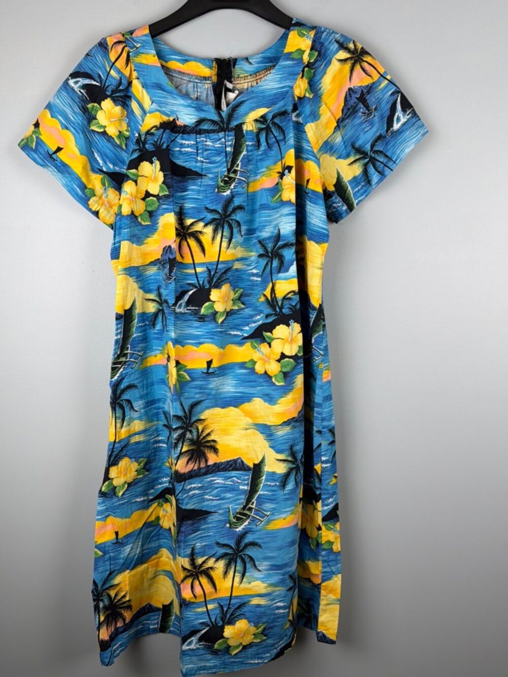 Ho Aloha Hawaiian Mumu Dress Womens L Blue Yellow Tropical Tiki Vintage Resort